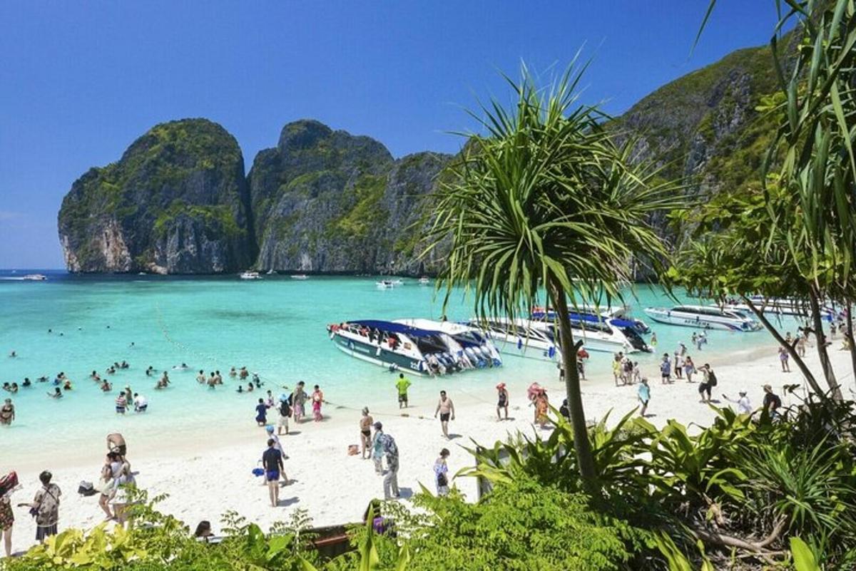 a group of people on a beach with boats in the water