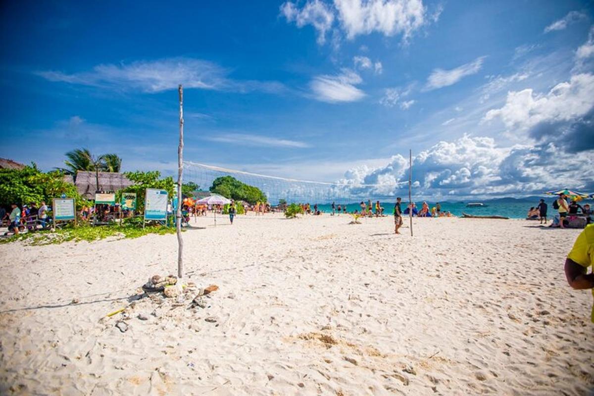um grupo de pessoas em uma praia de areia