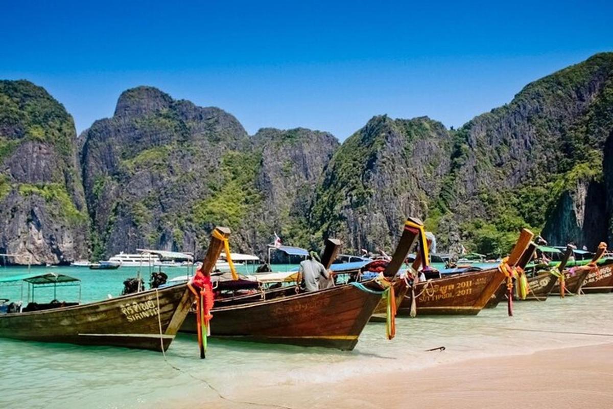 um grupo de barcos estacionados em uma praia na água