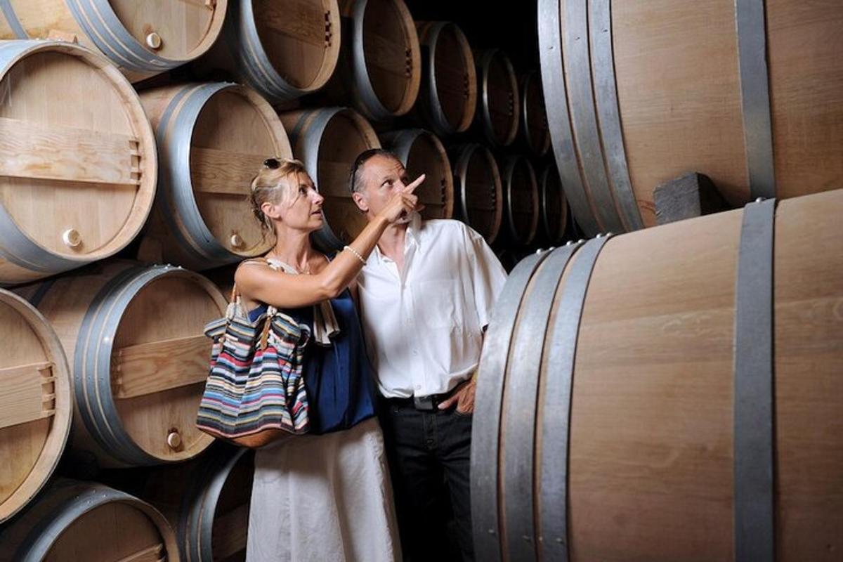 a man and a woman standing in a wine cellar