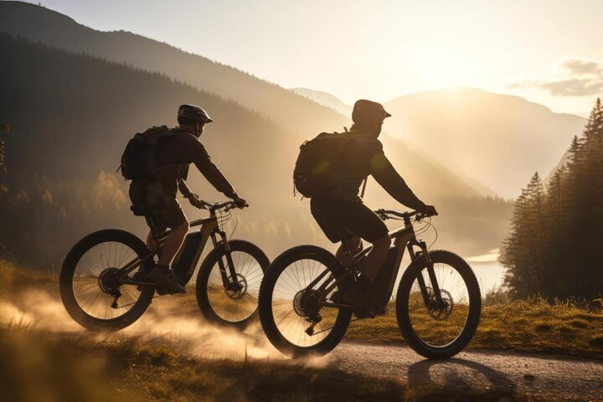 two people riding bikes on a dirt road