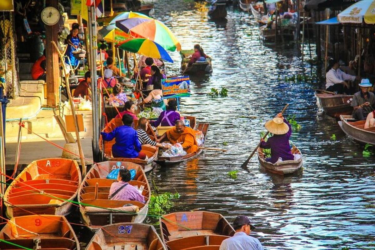 a group of people riding in boats on a river