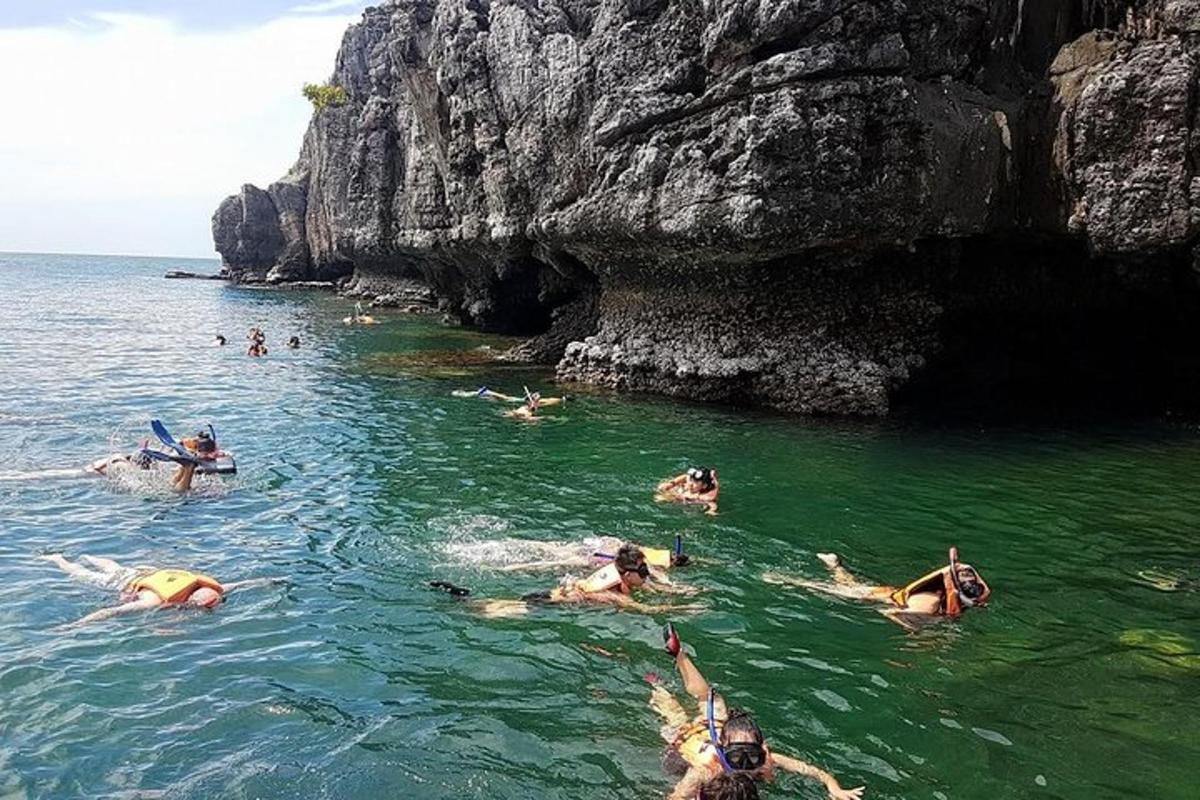 un gruppo di persone che nuotano nell'acqua vicino a una scogliera