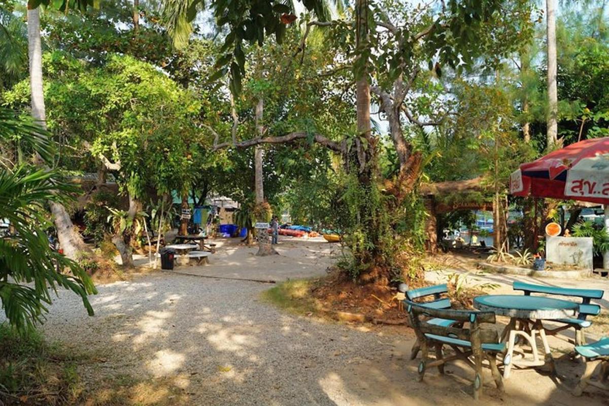 un tavolo da picnic e sedie in un parco con alberi