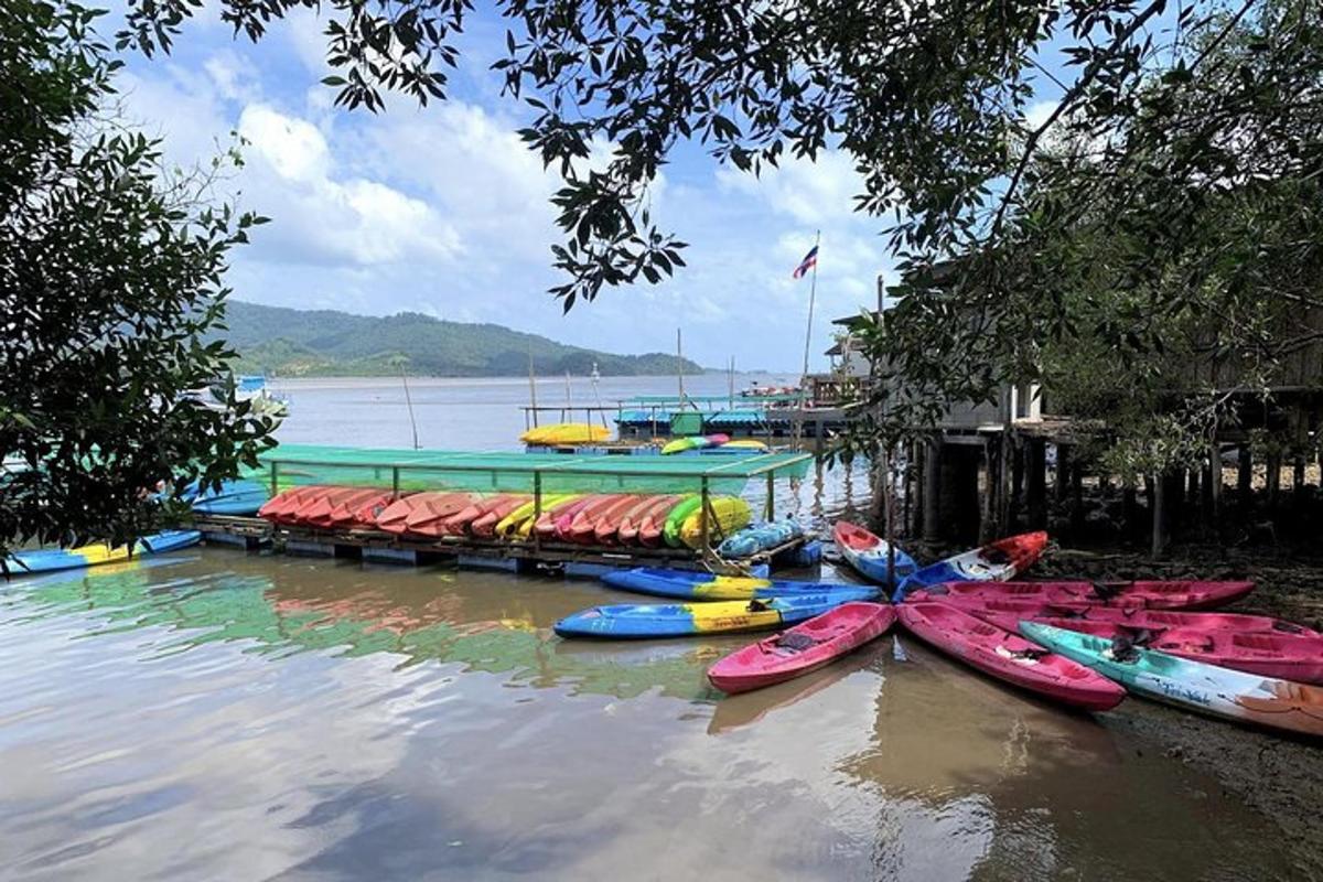 un gruppo di kayak è allineato nell'acqua
