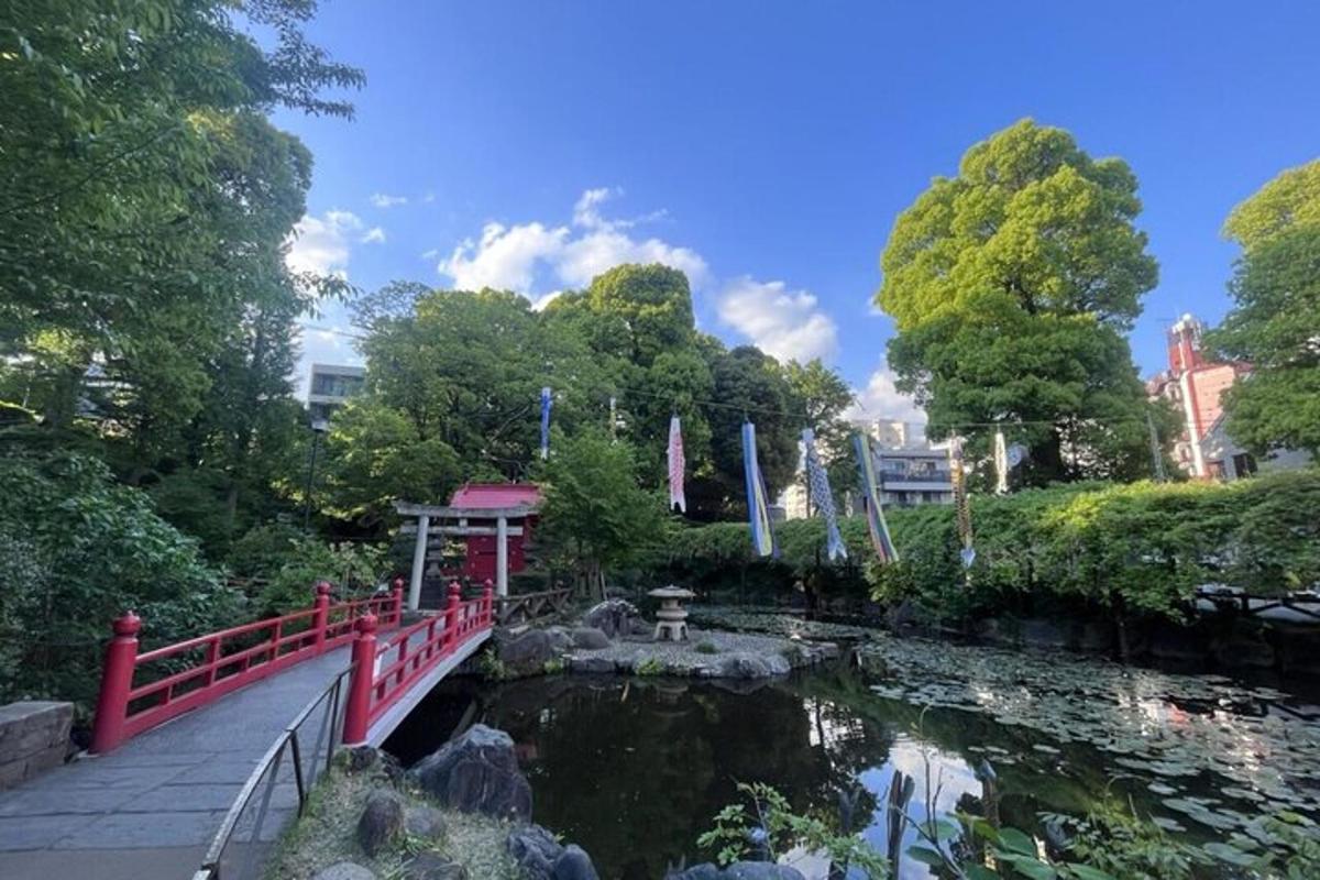 un ponte rosso sopra uno stagno in un parco