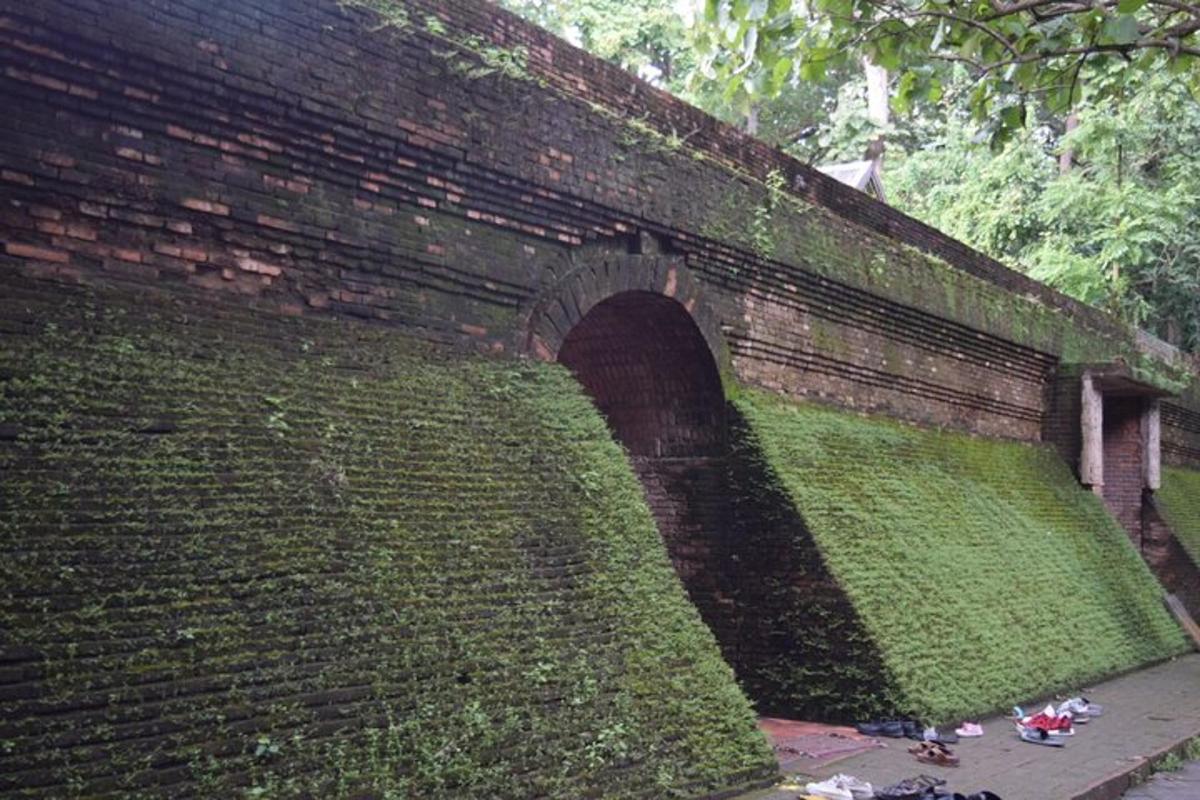 dinding bata yang dilindungi ivy dengan jalan gerbang
