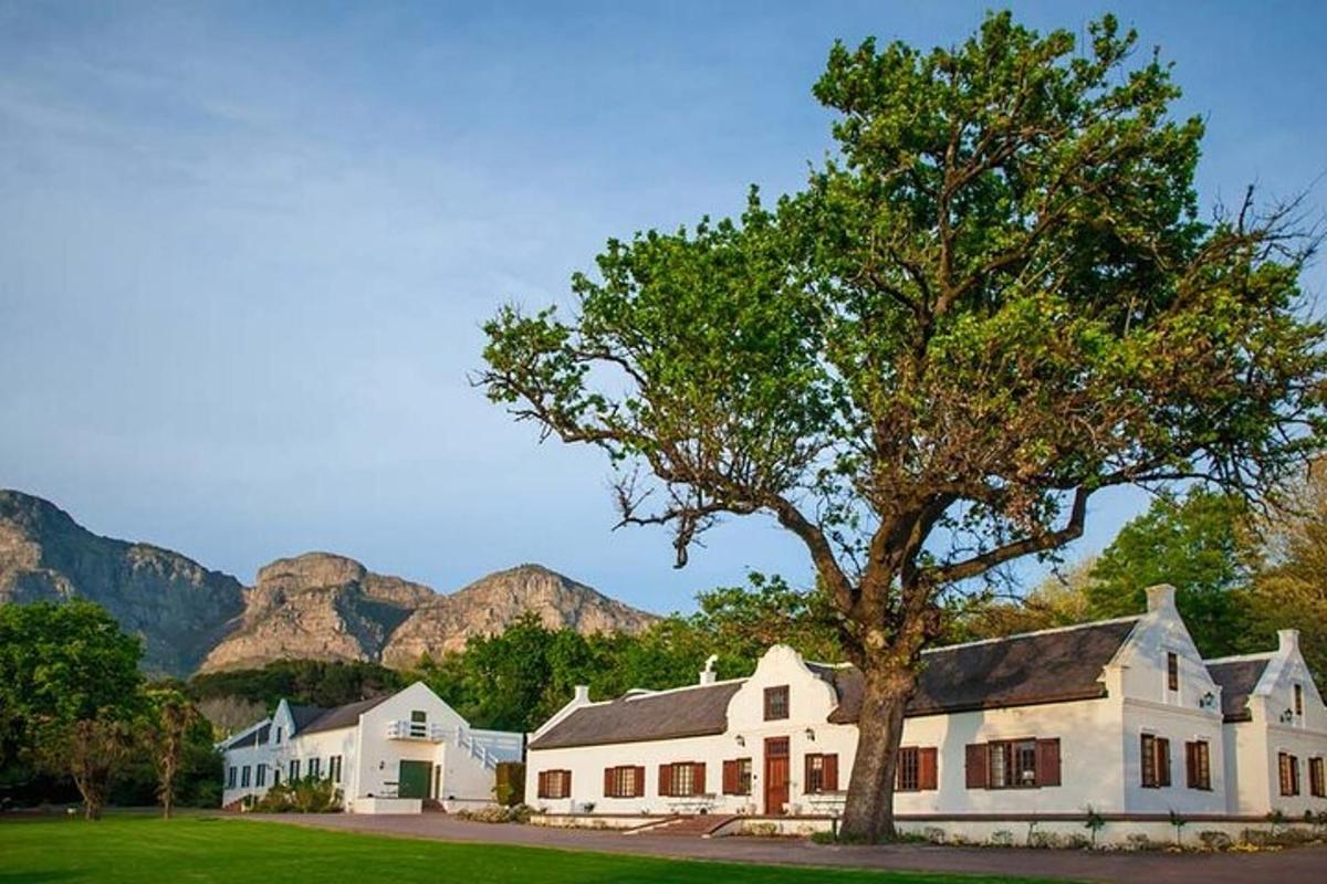 una grande casa bianca con un albero di fronte alle montagne