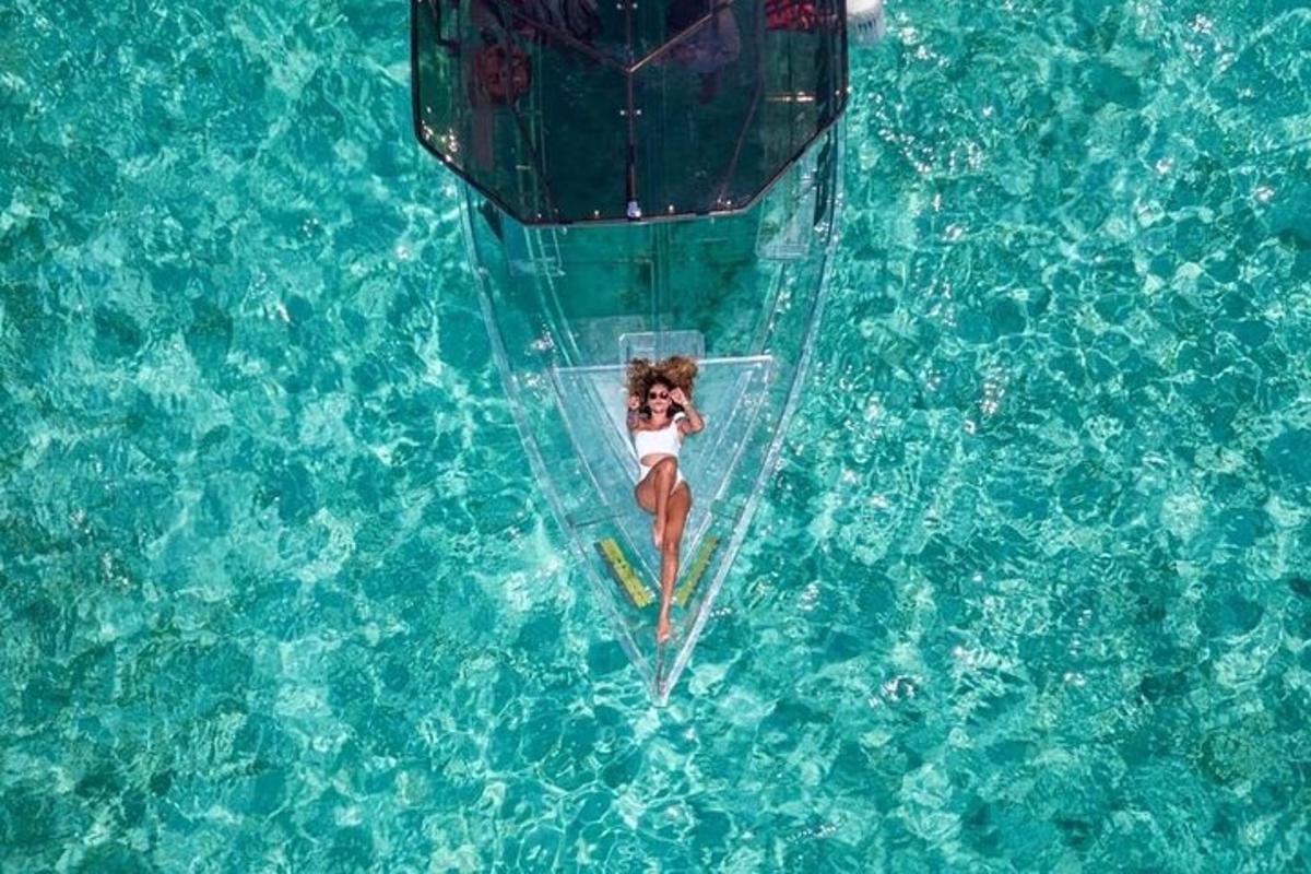 a woman on a paddle board in a pool of water