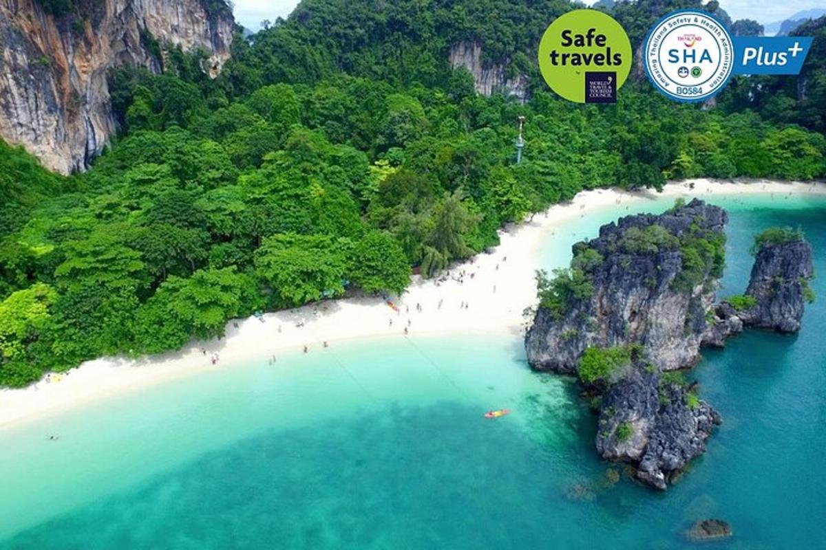 an aerial view of a beach with a group of people