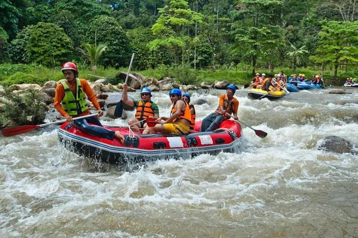 um grupo de pessoas está fazendo rafting em um rio