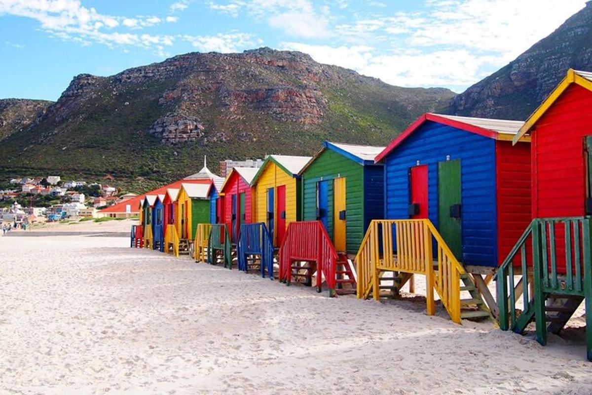 uma fileira de cabanas de praia coloridas em uma praia