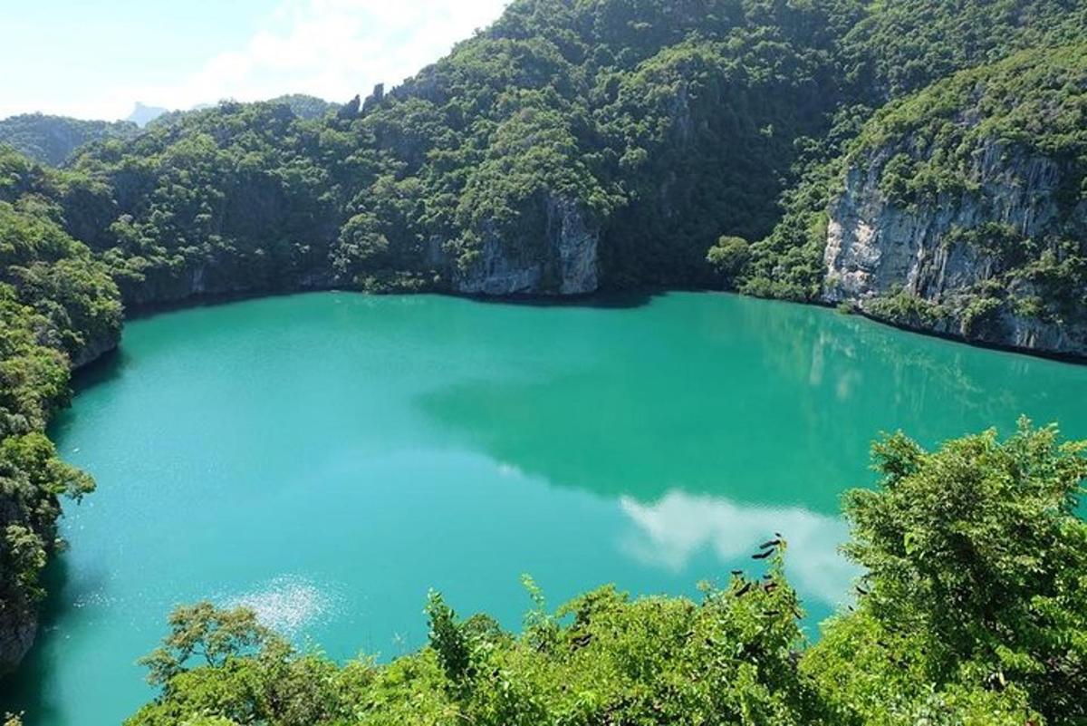 un grande lago blu in mezzo a una foresta