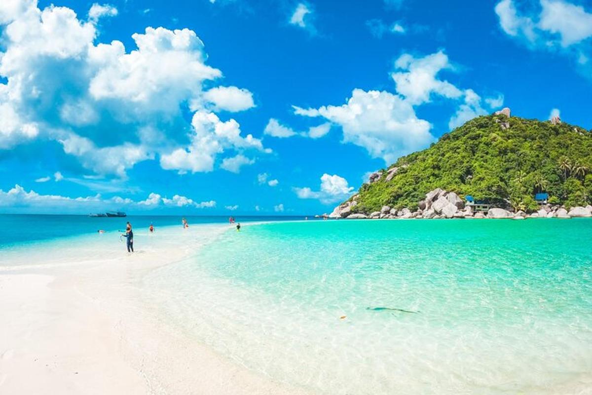 una spiaggia con gente sopra e una collina sullo sfondo