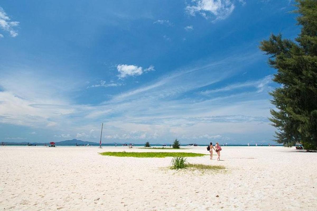dwie osoby spacerują po piaszczystej plaży