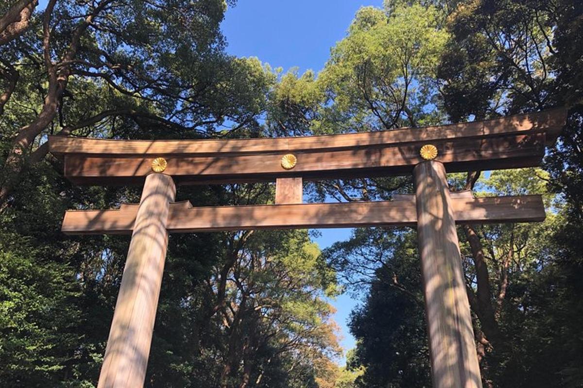 pintu gerbang torii di hadapan beberapa pokok