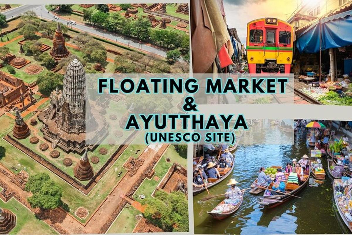 un collage di foto di un mercato e delle attrazioni di Ayutthaya