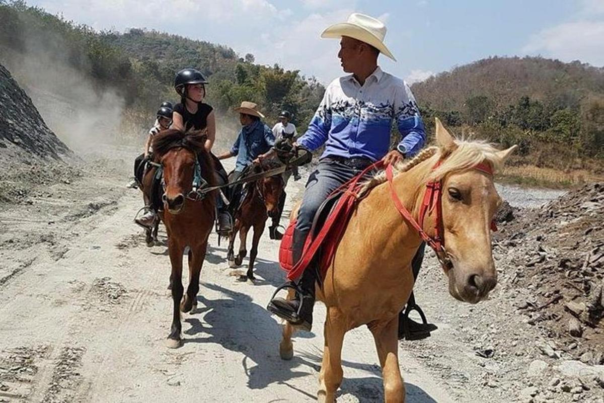 um grupo de pessoas andando a cavalo em uma estrada de terra