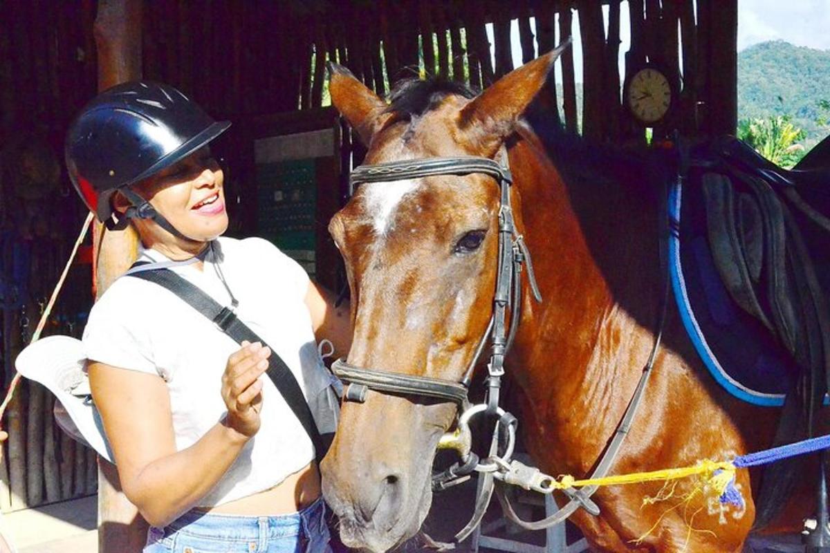 uma mulher está parada ao lado de um cavalo marrom
