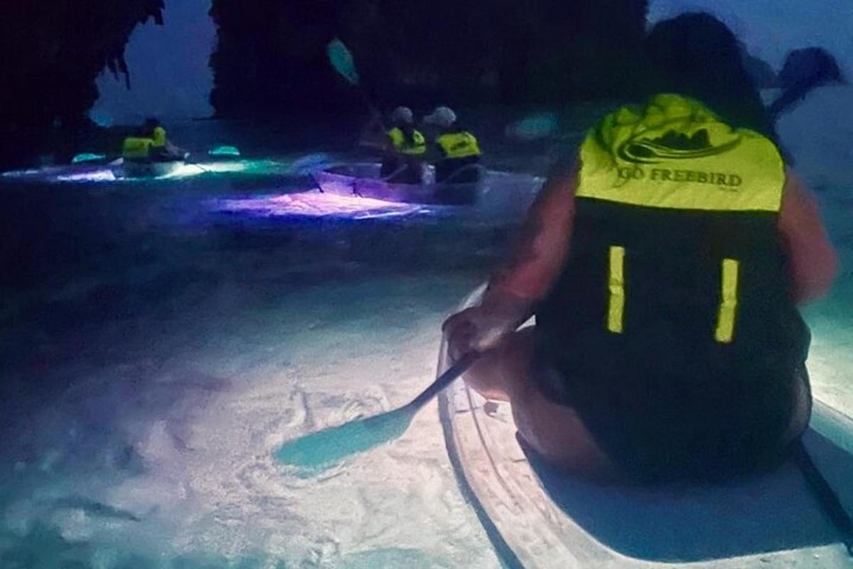 een persoon in het water met een peddel in een zwembad