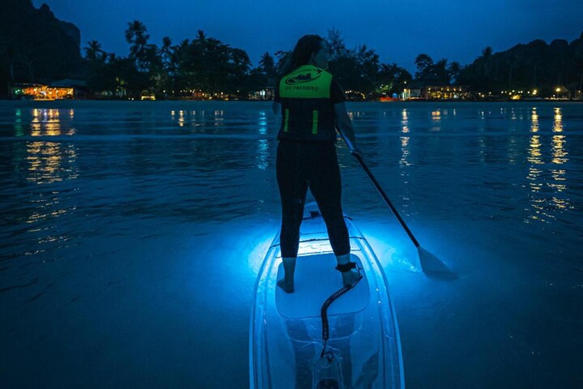 una persona è in piedi su una tavola da paddle sull'acqua