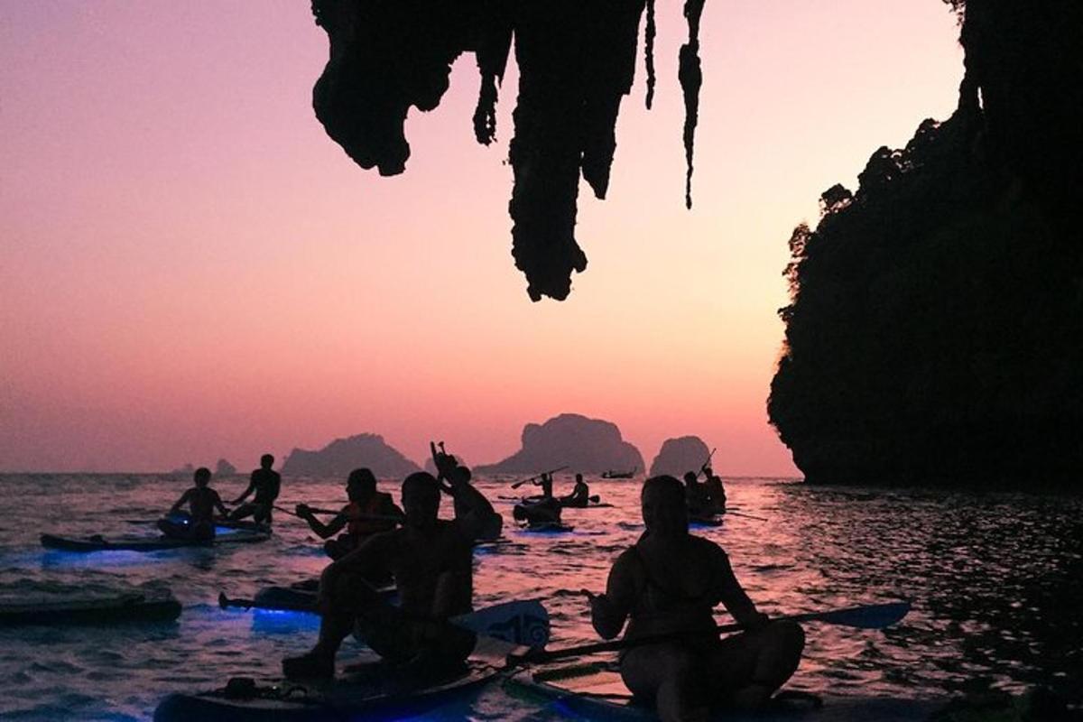un gruppo di persone sui kayak in acqua al tramonto