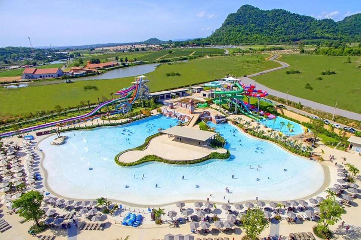 an aerial view of a water park