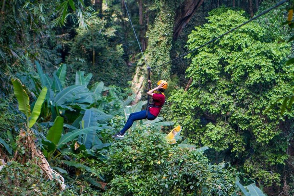 Una mujer se balancea en una tirolina en la jungla.