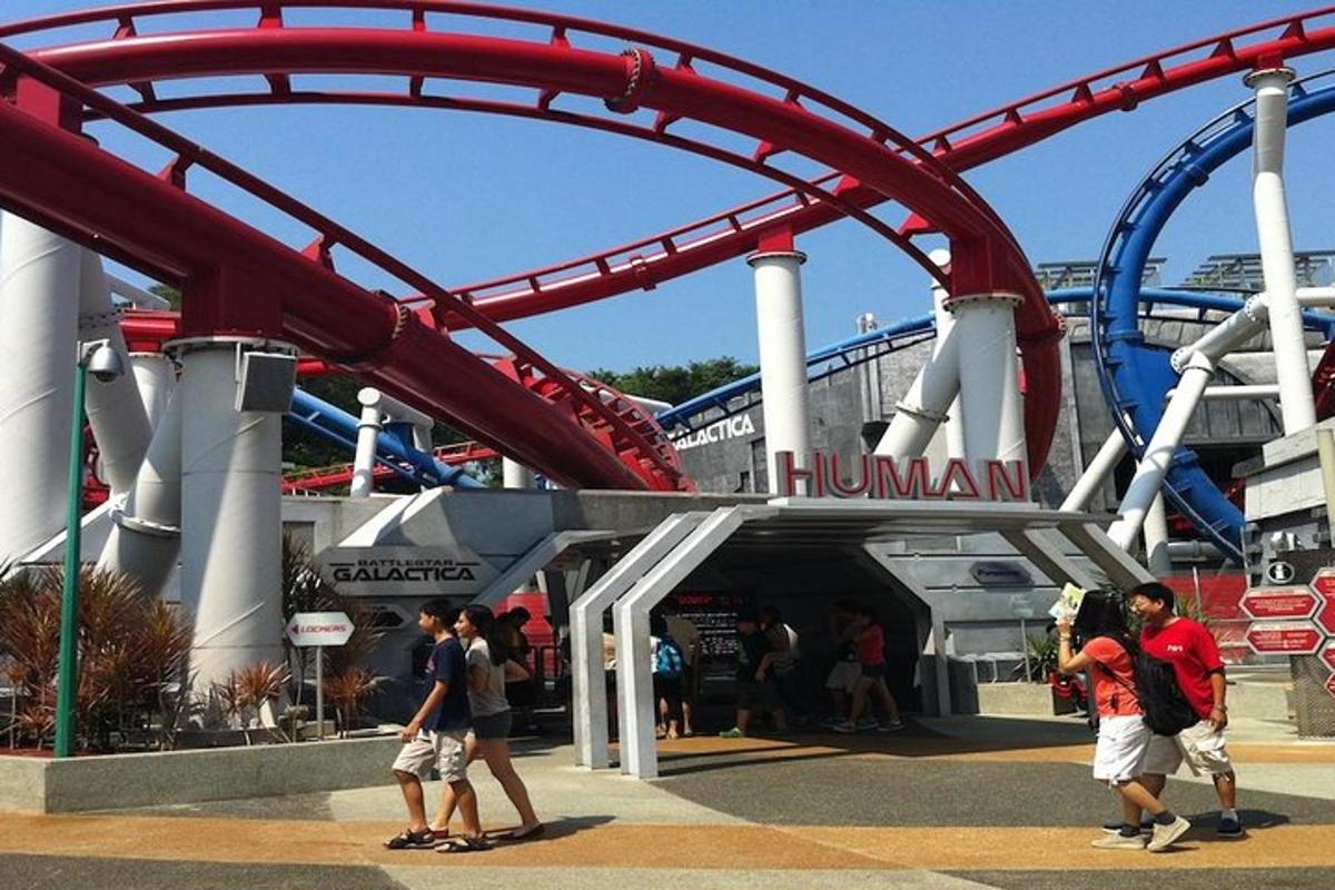 a group of people walking in front of a roller coaster