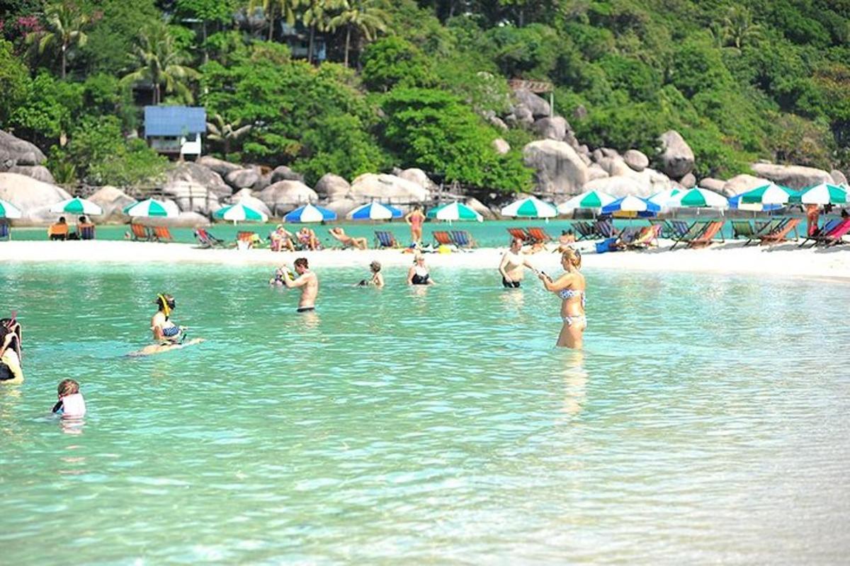 egy csoport ember a vízben a strandon