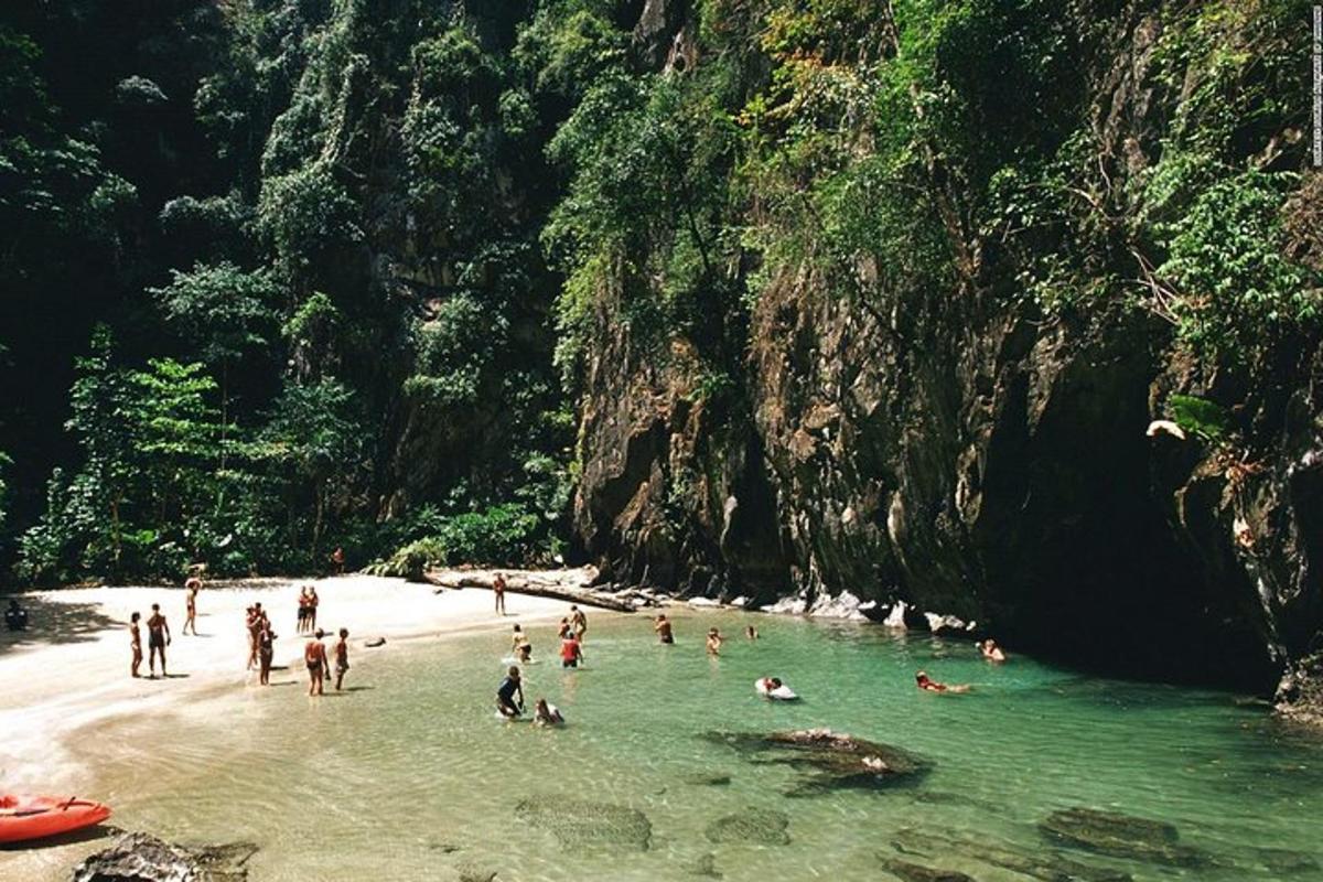 Un grupo de personas en el agua en una playa