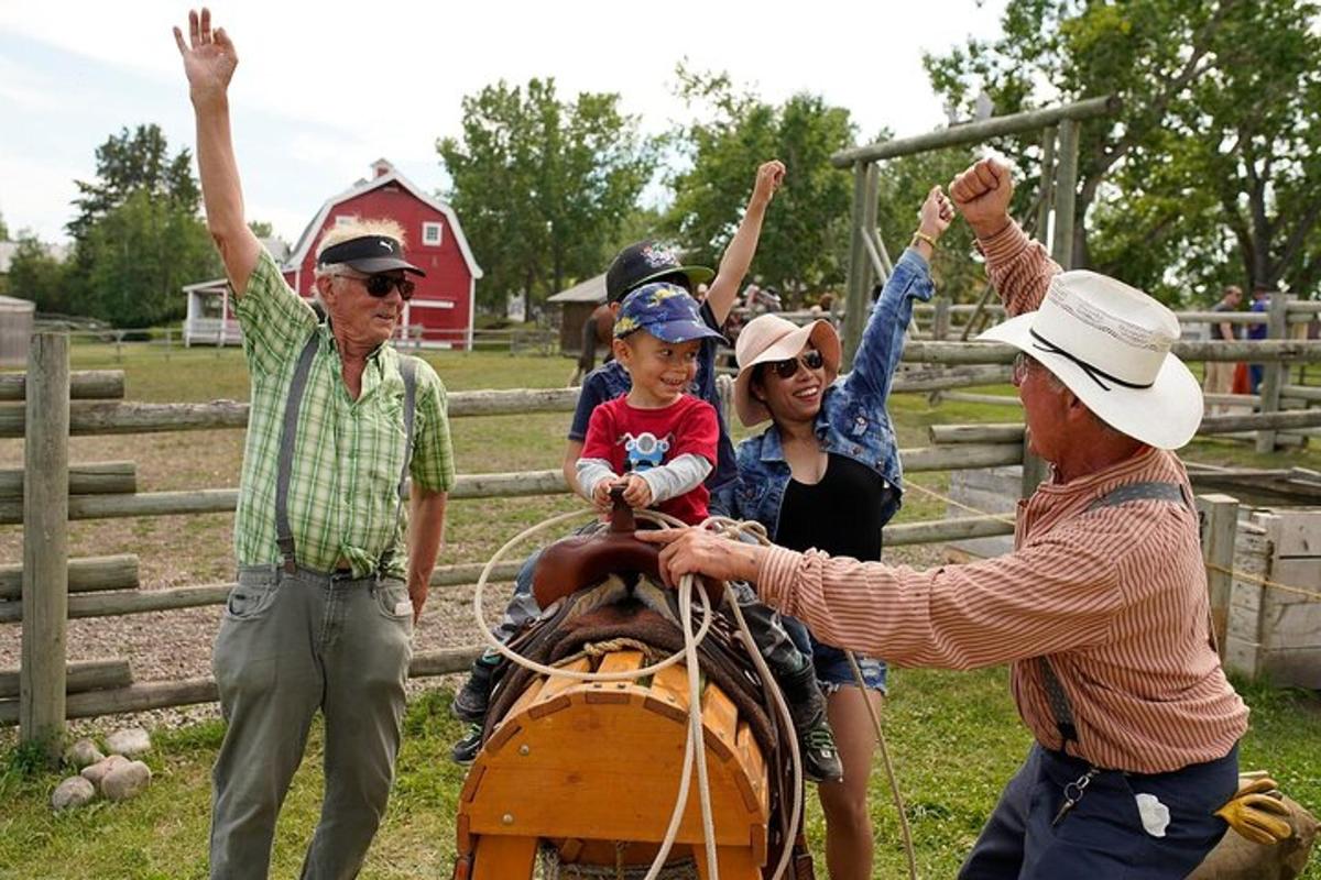 a group of people are standing around a horse