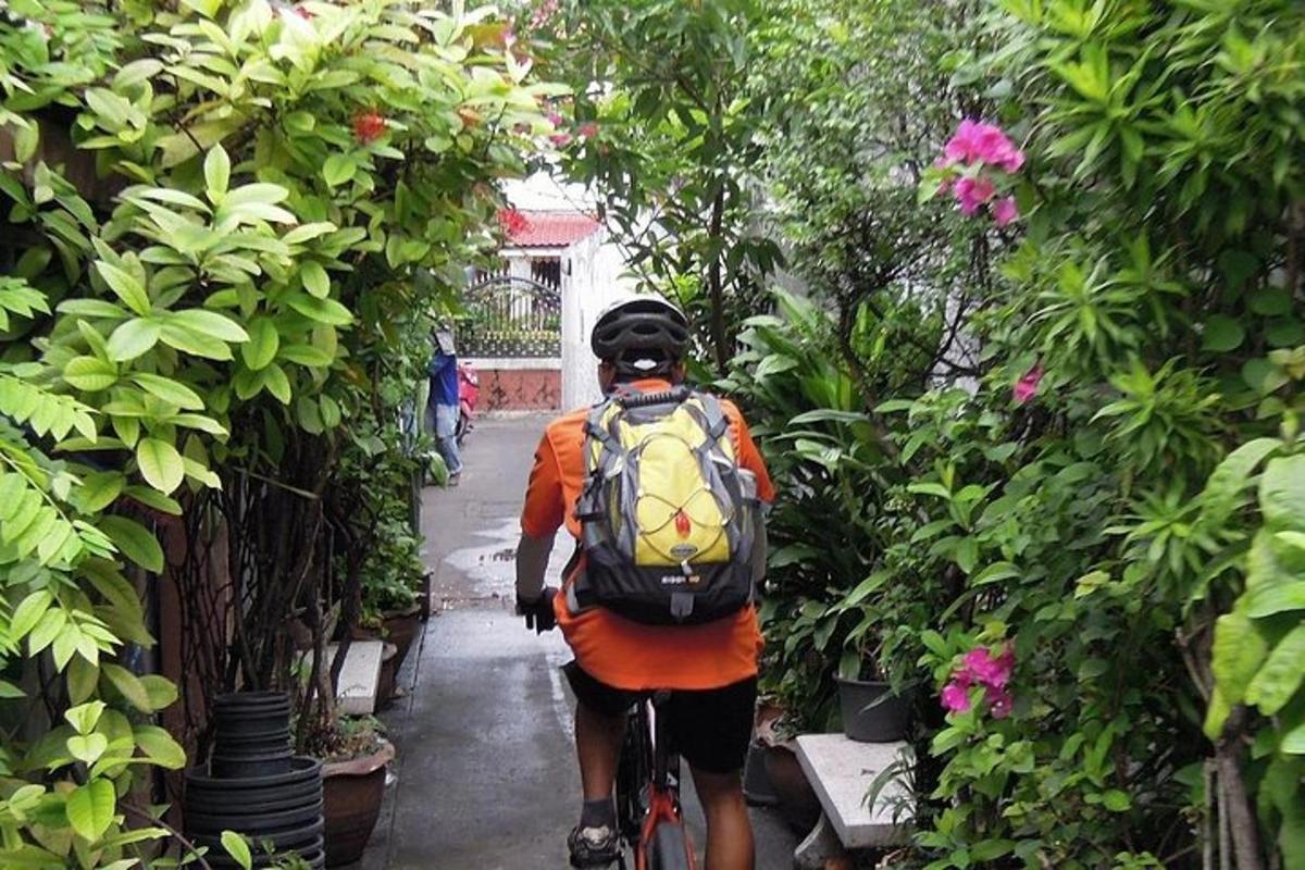 o persoană care merge cu bicicleta printr-o grădină