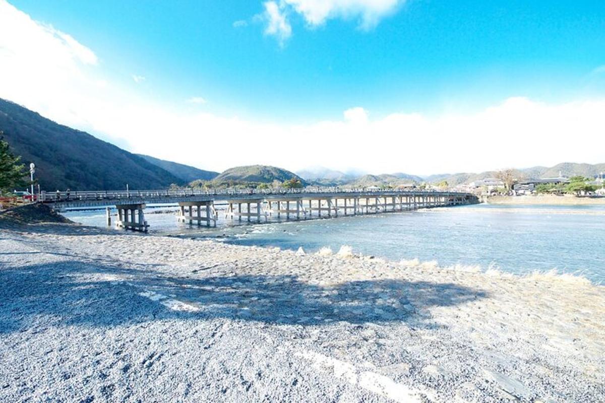 a bridge over a body of water with a beach