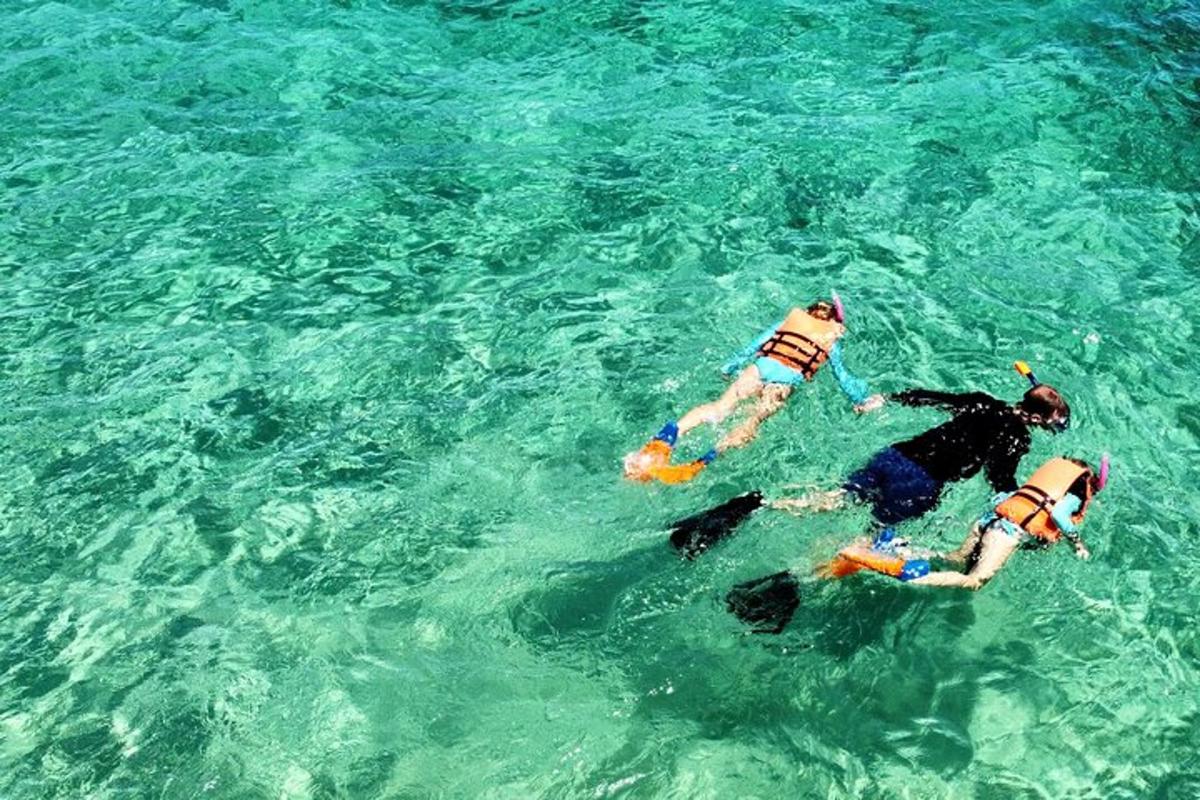 three people swimming in the water in the ocean