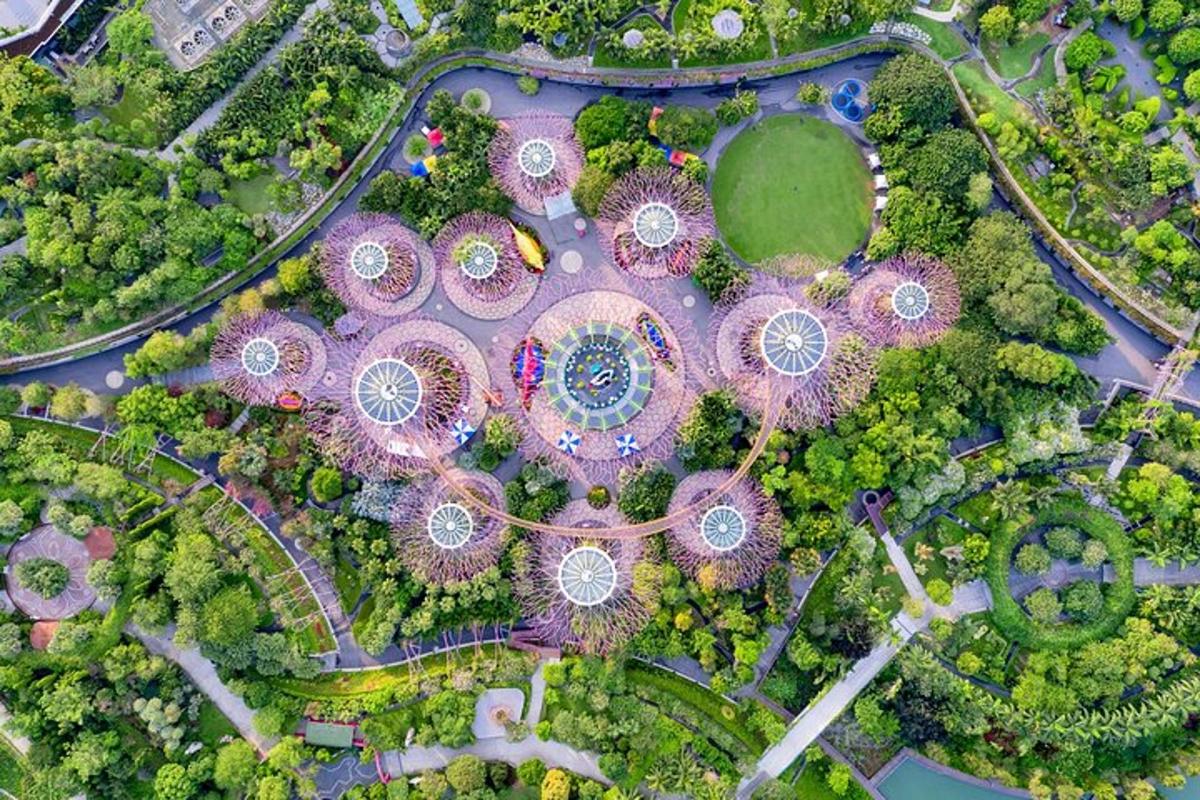 an overhead view of a park with trees and buildings