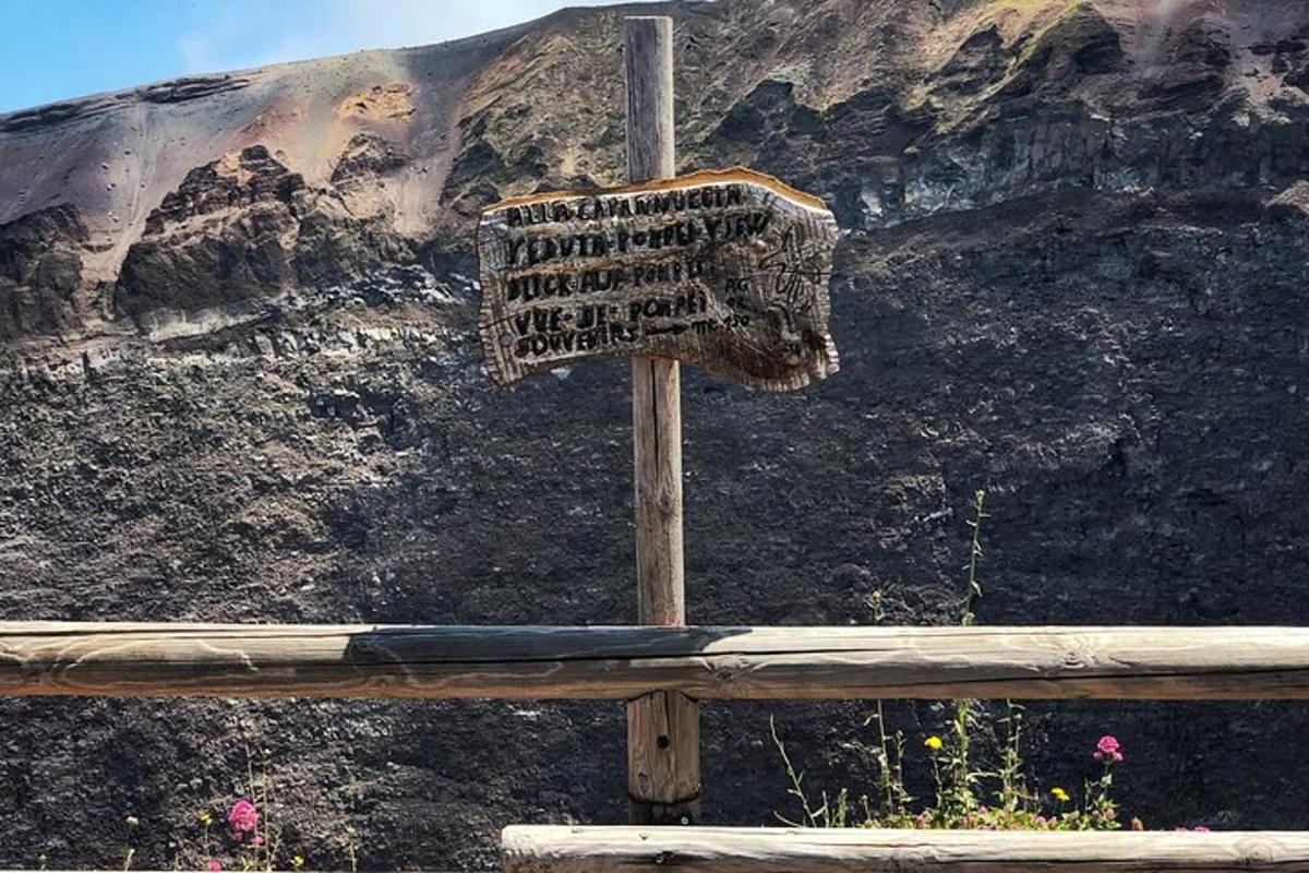 skilti á stöng fyrir framan fjall