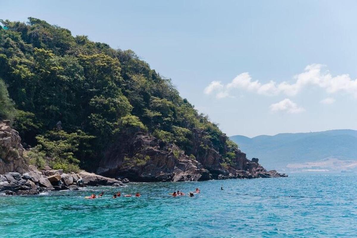 Un grupo de personas nadando en el agua cerca de una montaña.