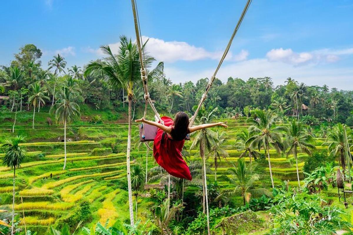 een vrouw op een zipline over een rijstveld