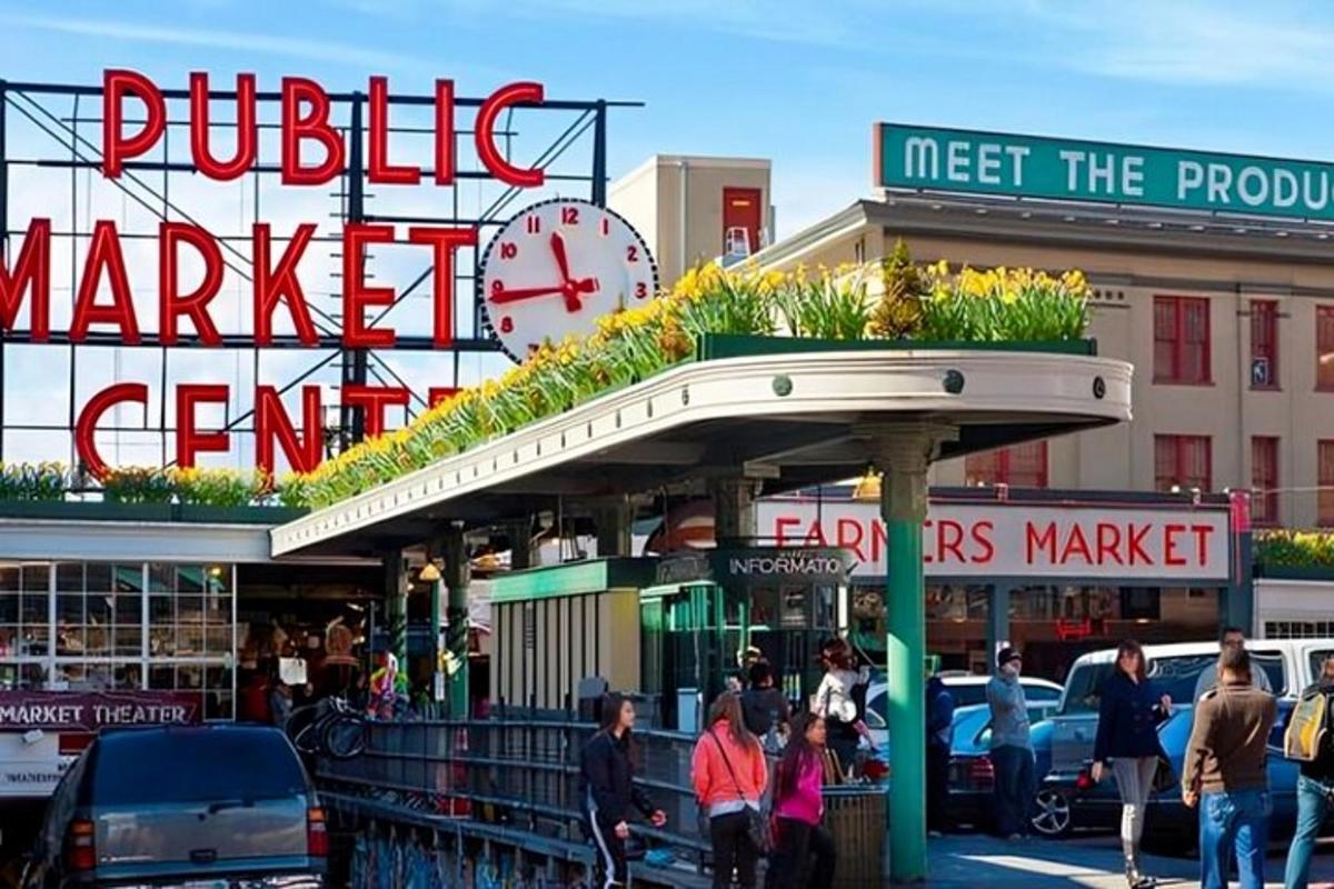a market center with a large clock on top of it