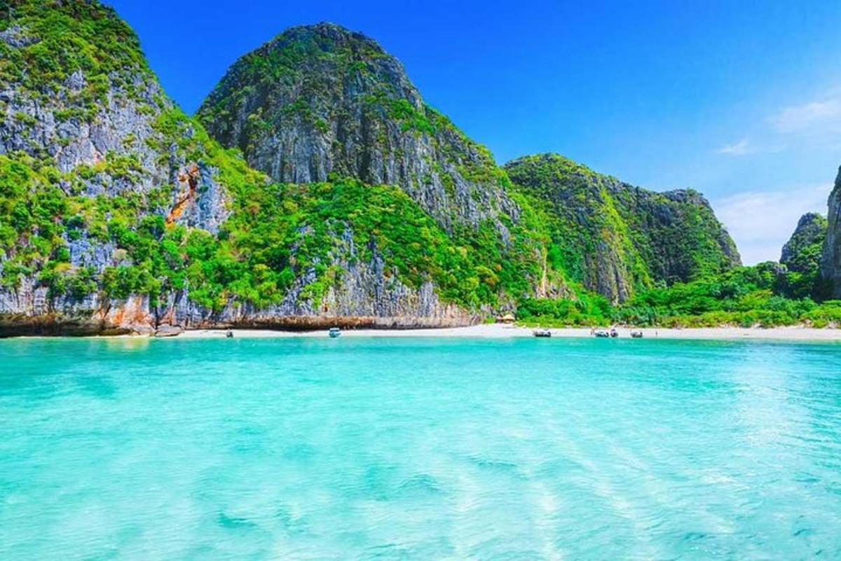 pemandangan pantai dengan latar belakang gunung