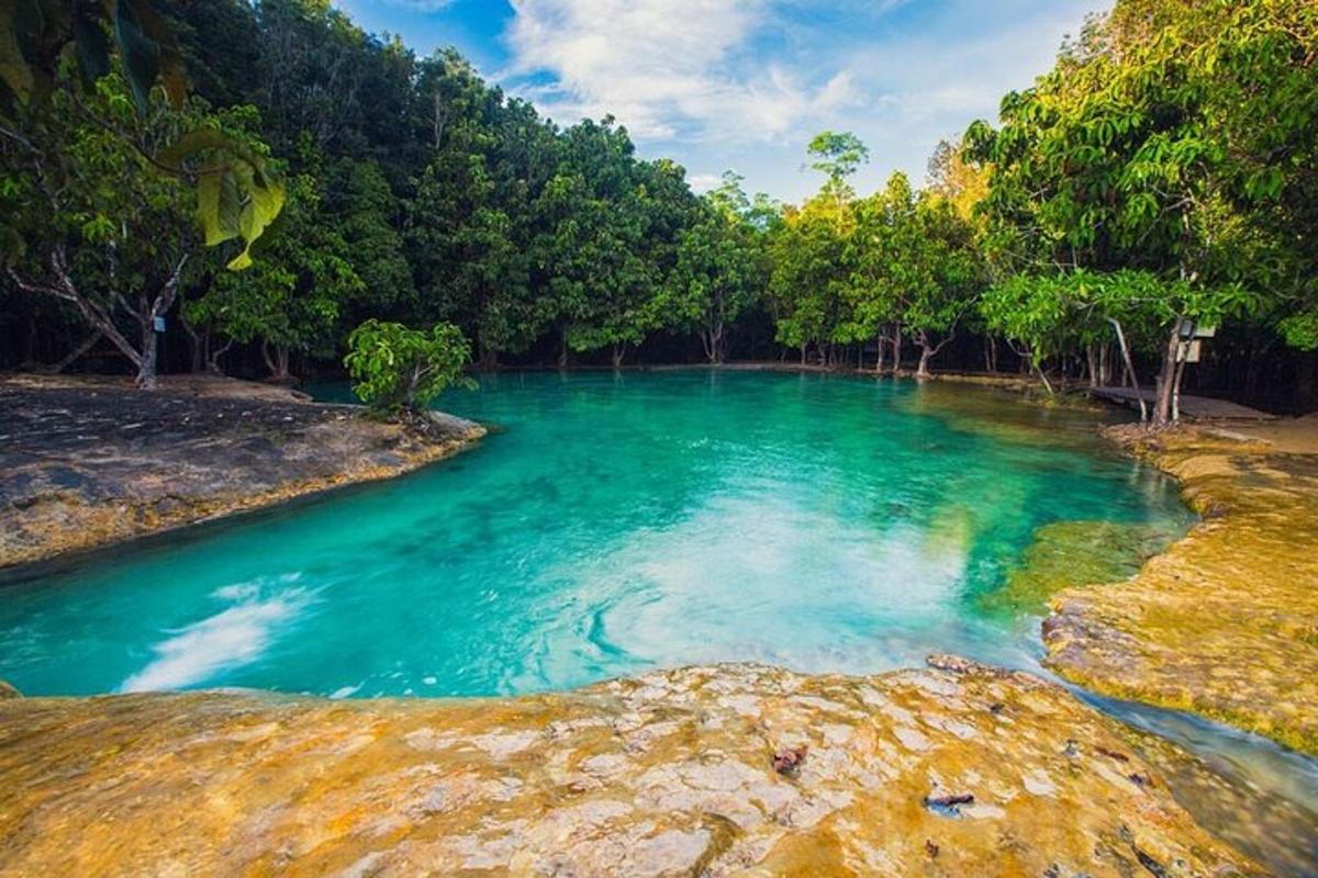 una pozza d'acqua blu in un fiume con alberi