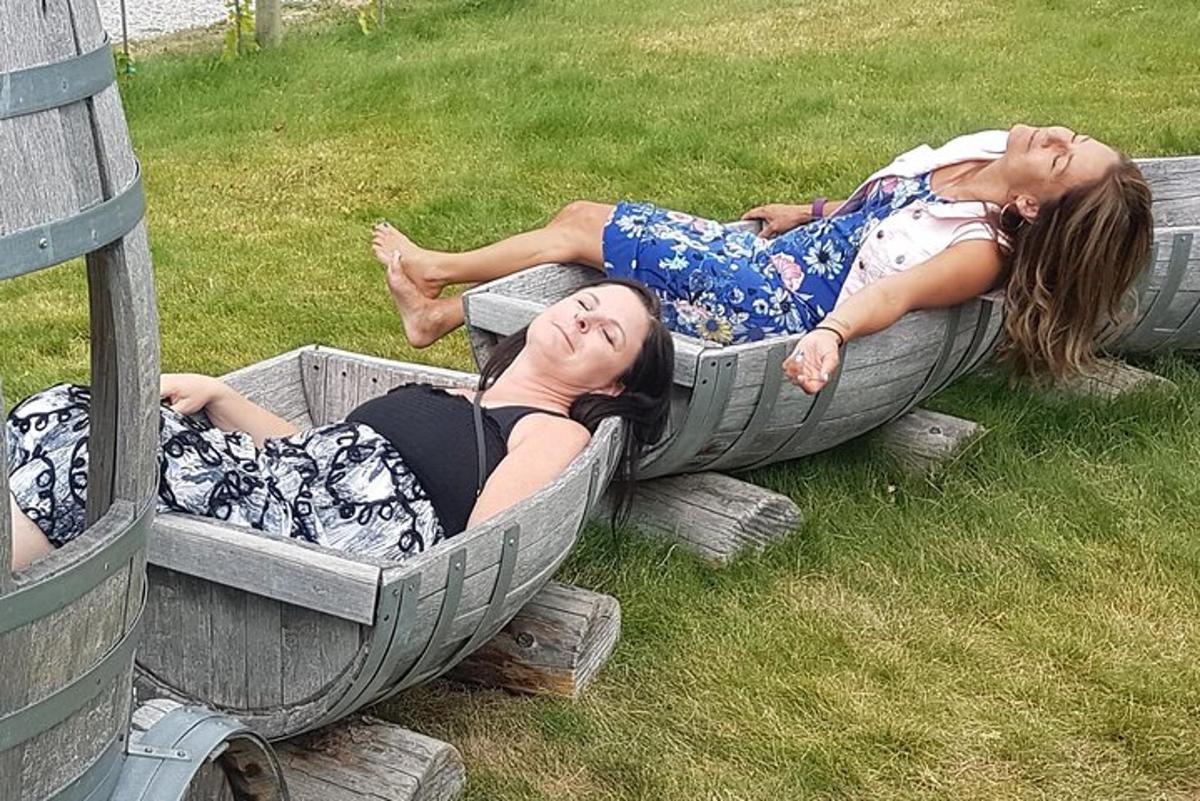 two women laying in beds on the grass