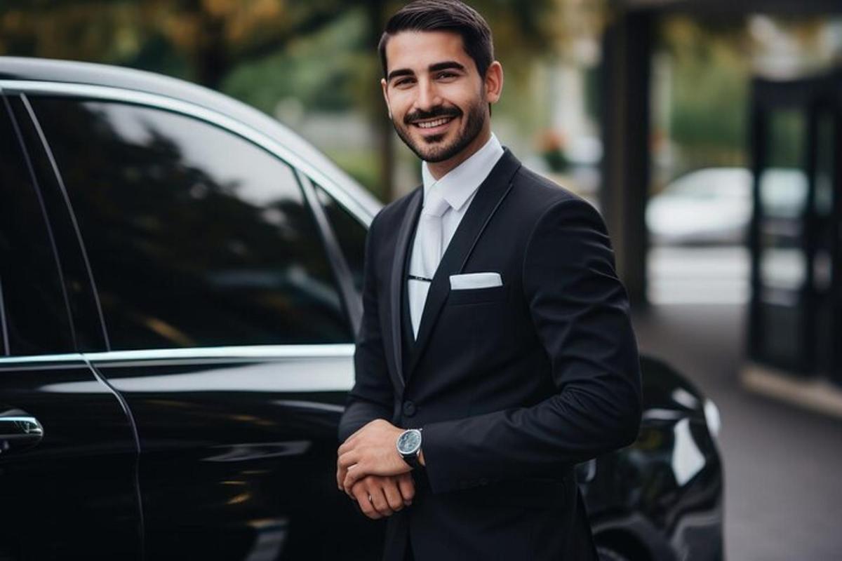 Un hombre con traje de pie junto a un coche.