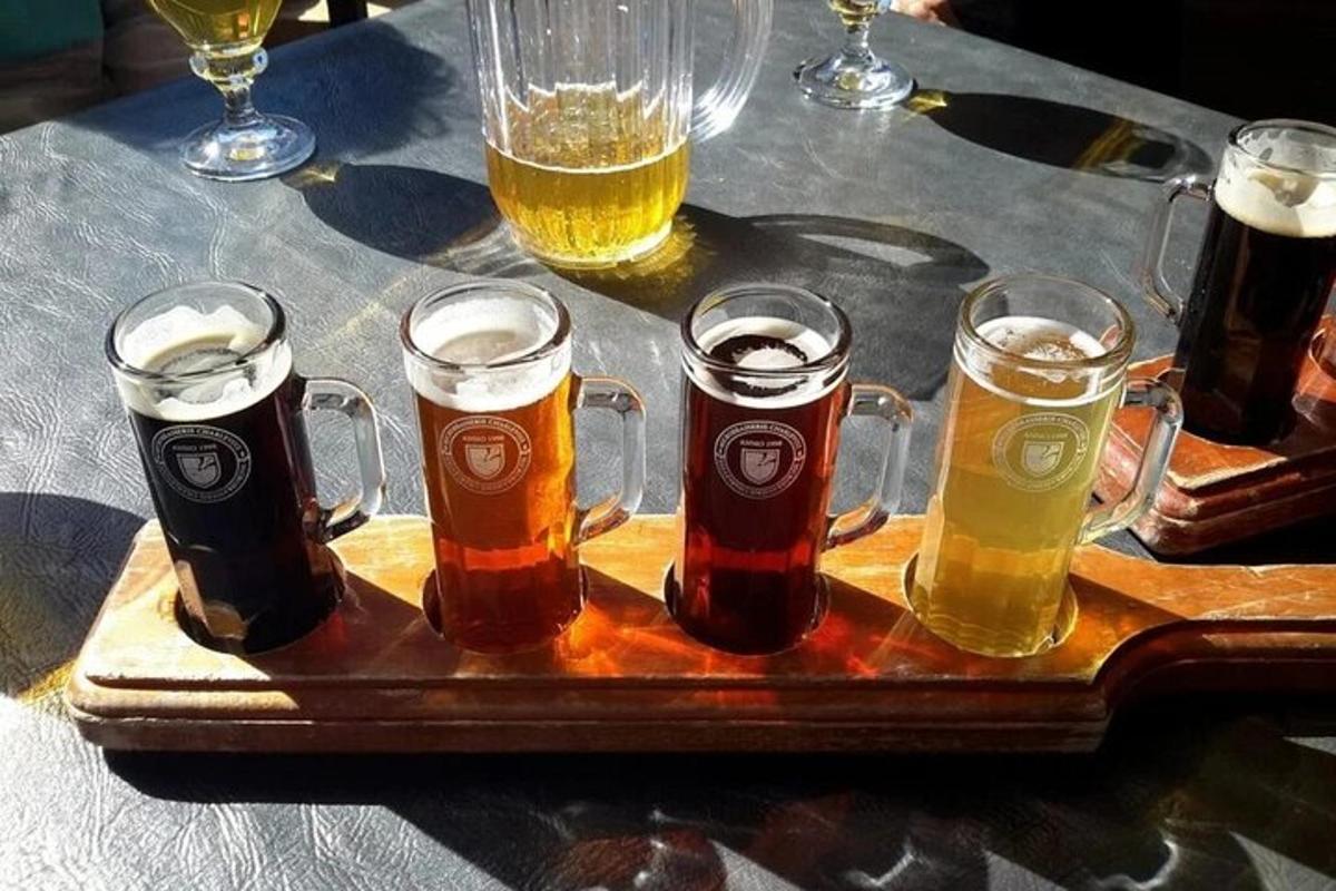 Una bandeja con diferentes tipos de cervezas sobre una mesa.
