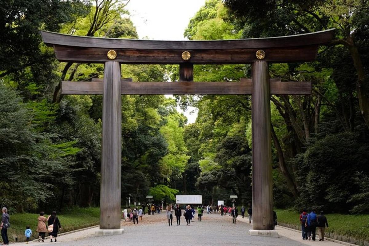um portão torii em um parque com pessoas caminhando