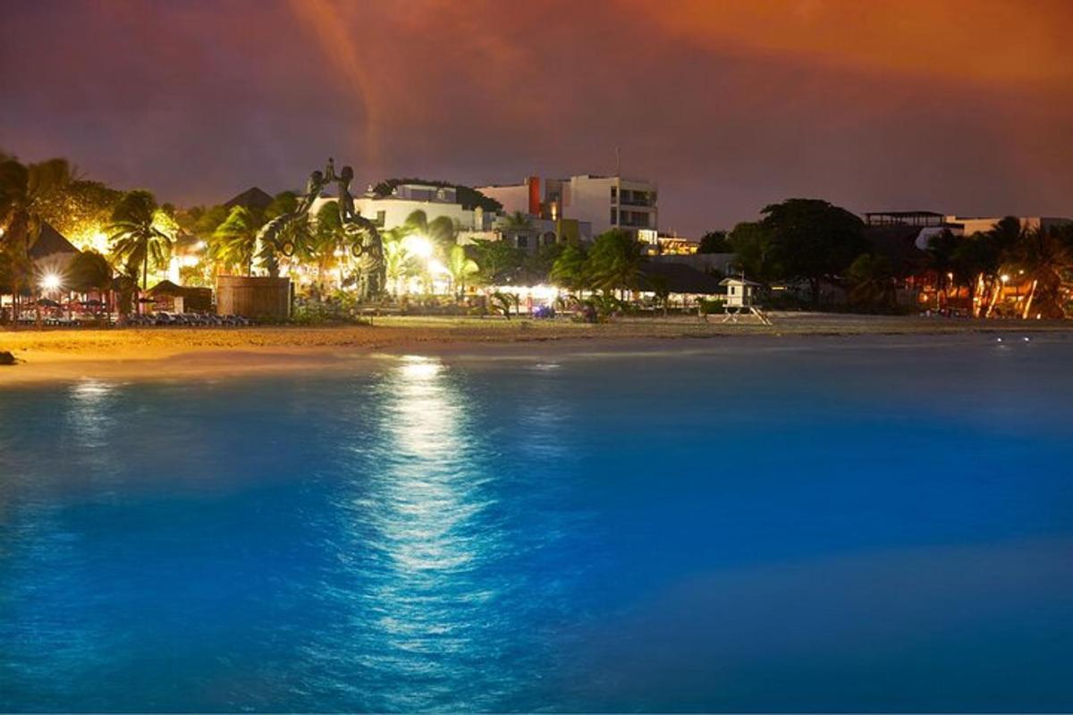 una spiaggia di notte con un arcobaleno nel cielo