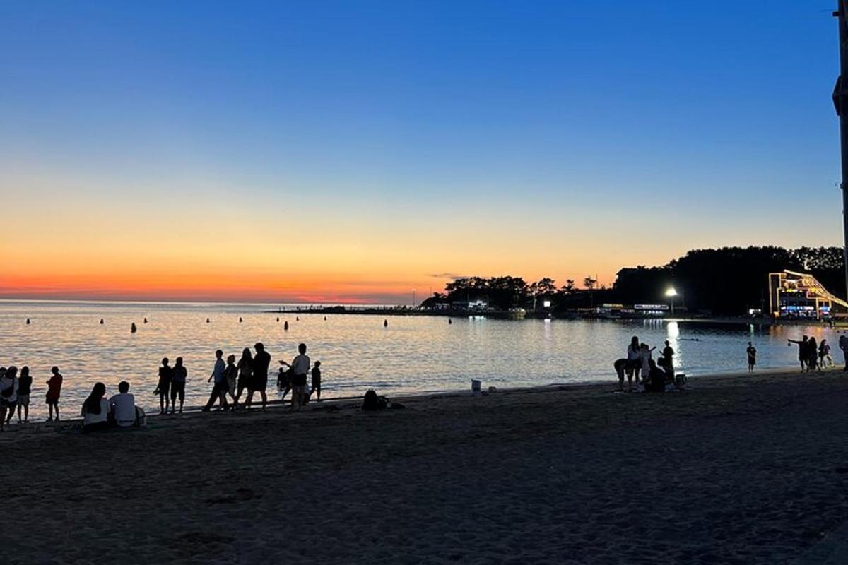Μια ομάδα ανθρώπων που στέκονται στην παραλία στο ηλιοβασίλεμα