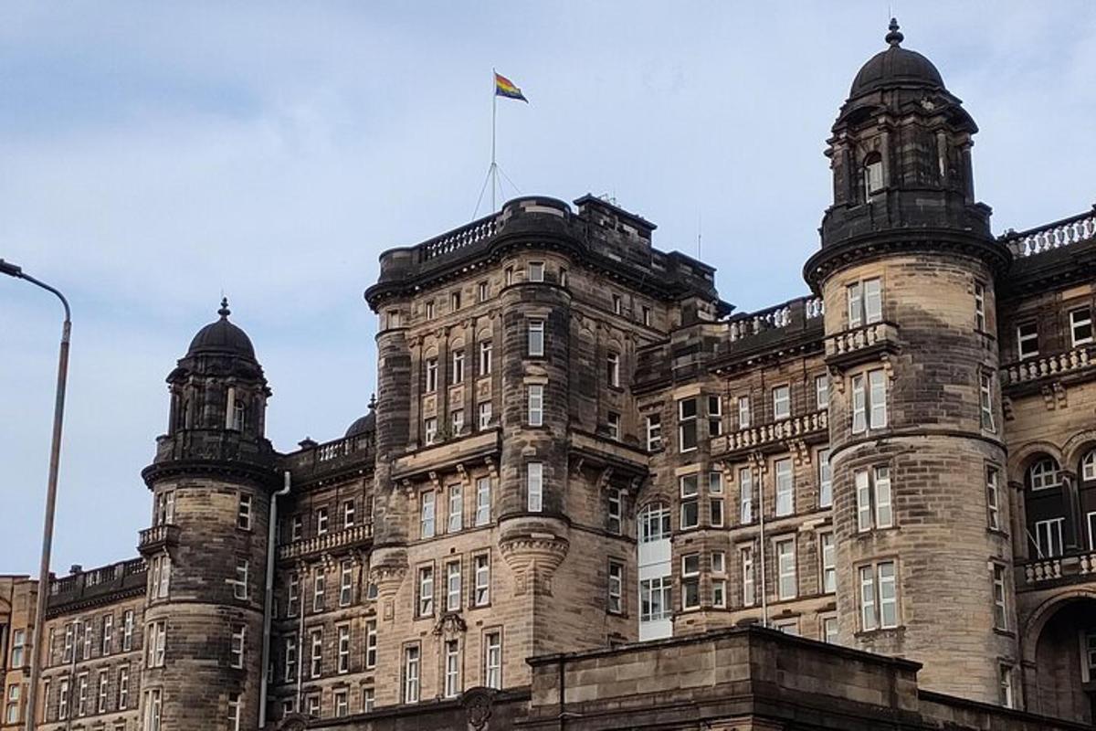 a large building with a flag on top of it