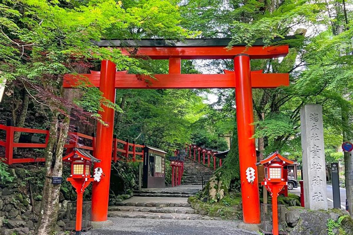 Egy narancssárga torii kapu fényekkel egy parkban